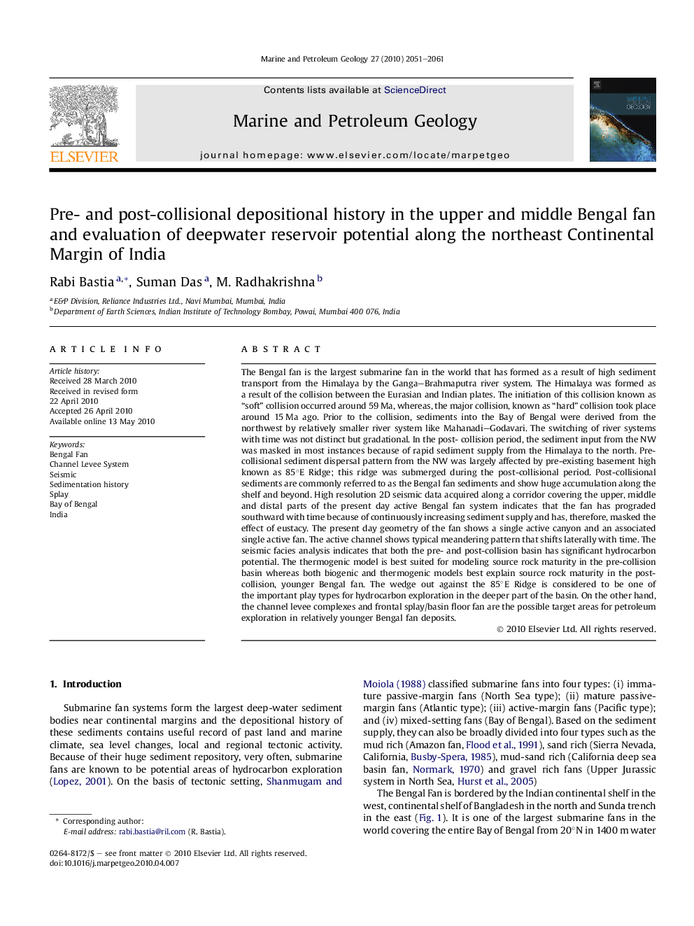 عکس صفحه اول مقاله: Pre- and post-collisional depositional history in the upper and middle Bengal fan and evaluation of deepwater reservoir potential along the northeast Continental Margin of India Pre- and post-collisional depositional history in the upper and middle Bengal fan and evaluation of deepwater reservoir potential along the northeast Continental Margin of India