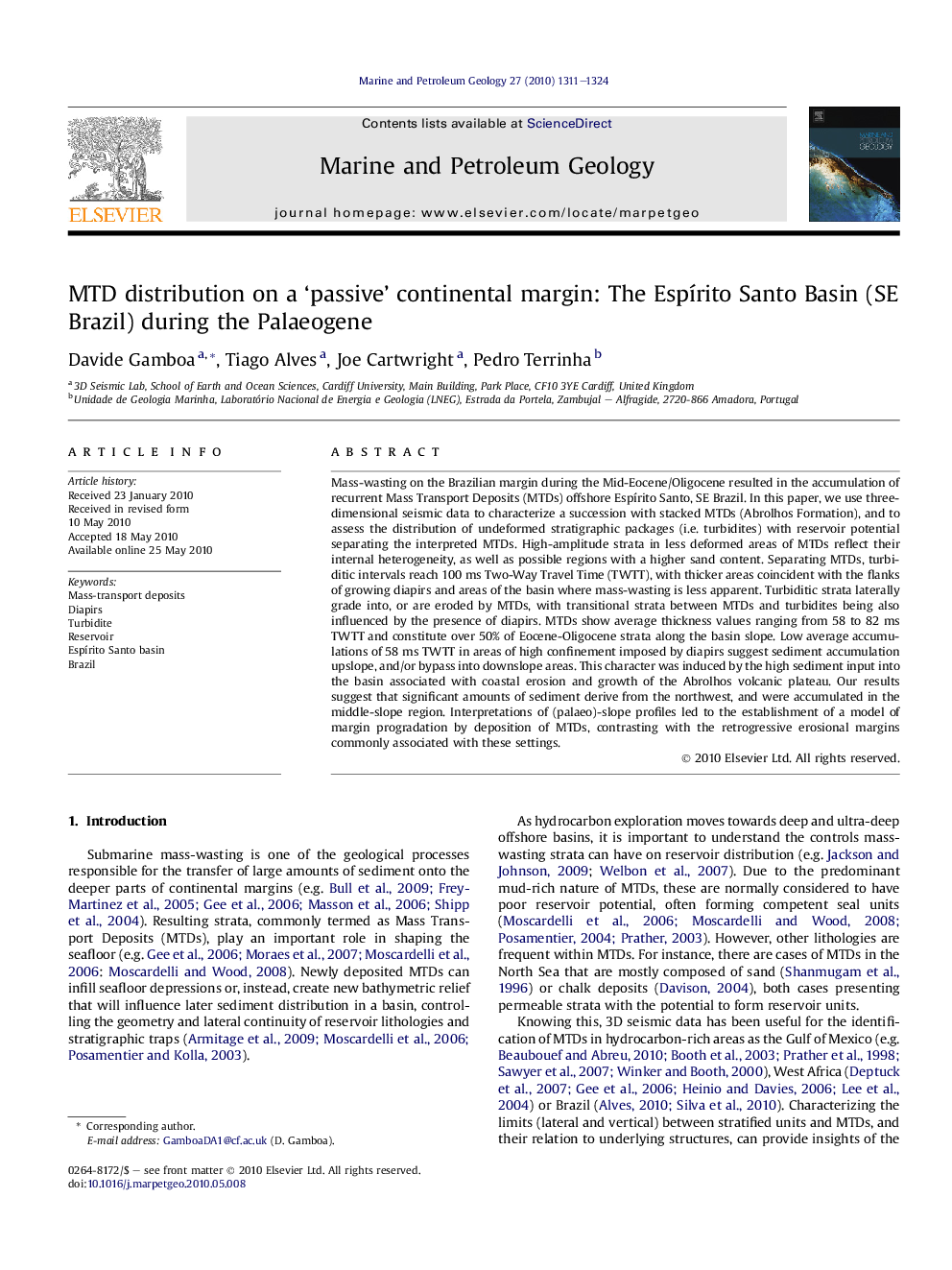 MTD distribution on a ‘passive’ continental margin: The Espírito Santo Basin (SE Brazil) during the Palaeogene