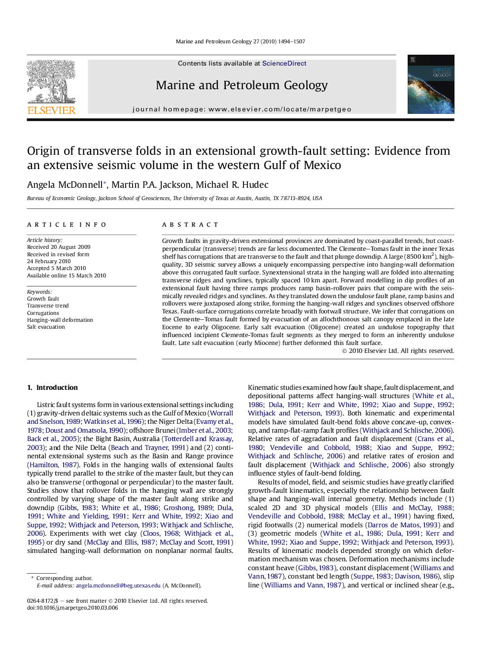 Origin of transverse folds in an extensional growth-fault setting: Evidence from an extensive seismic volume in the western Gulf of Mexico