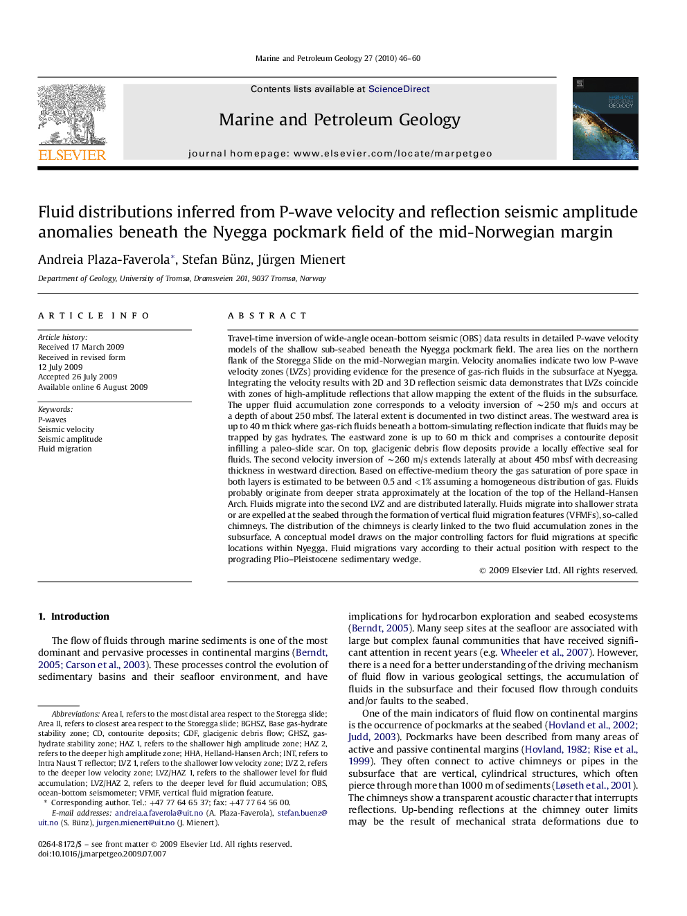 Fluid distributions inferred from P-wave velocity and reflection seismic amplitude anomalies beneath the Nyegga pockmark field of the mid-Norwegian margin