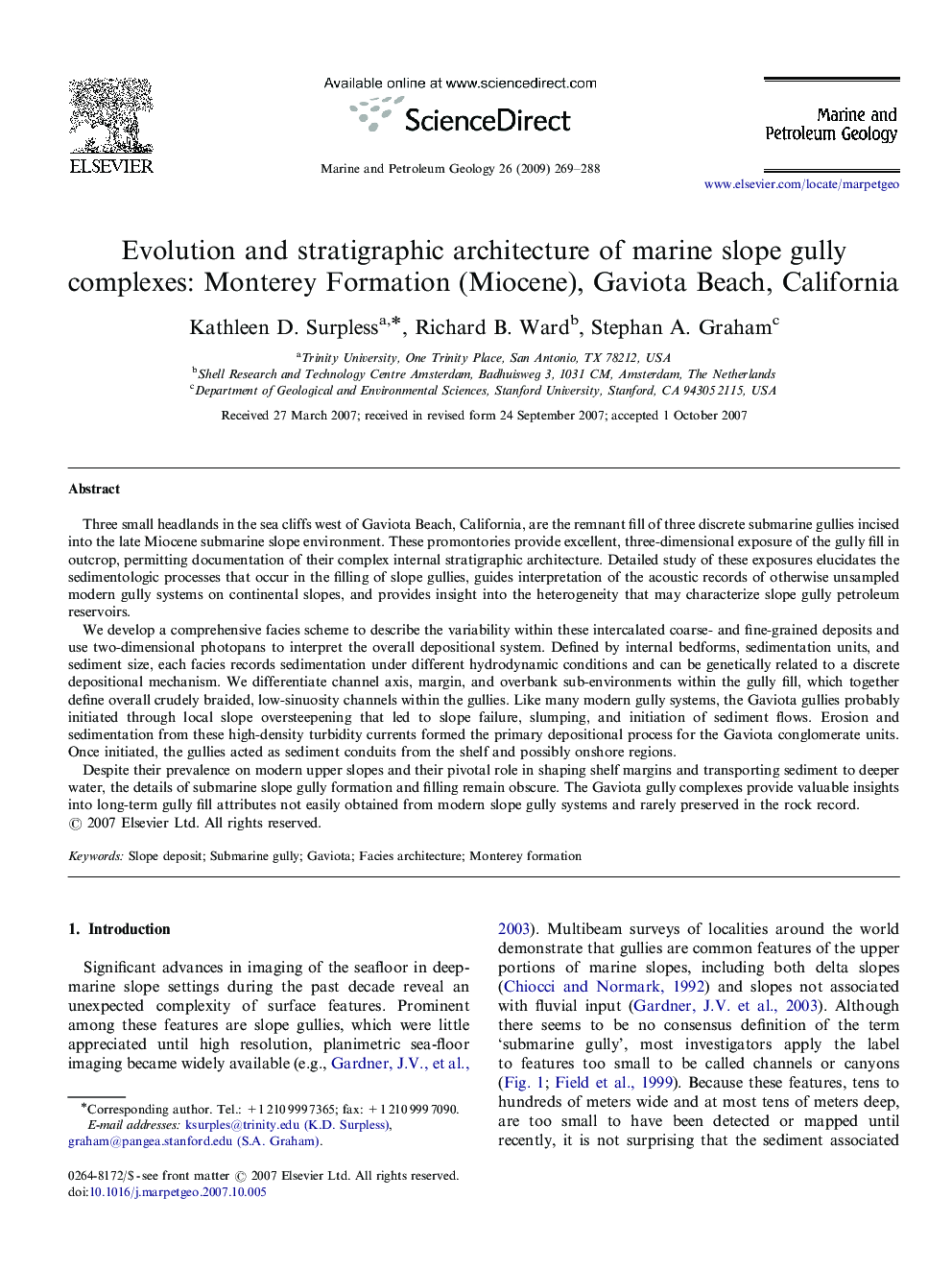 Evolution and stratigraphic architecture of marine slope gully complexes: Monterey Formation (Miocene), Gaviota Beach, California