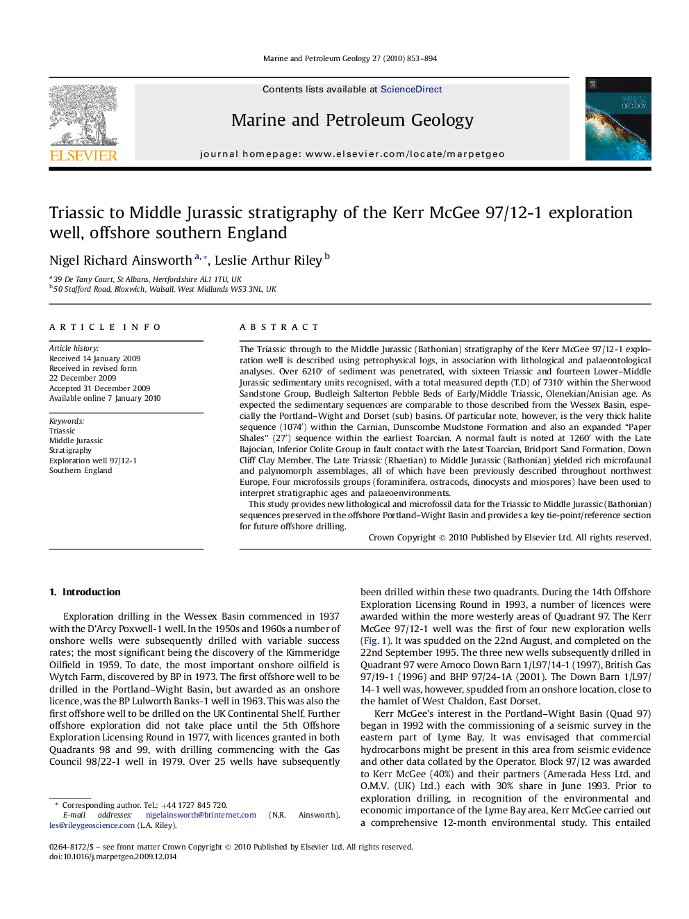 Triassic to Middle Jurassic stratigraphy of the Kerr McGee 97/12-1 exploration well, offshore southern England