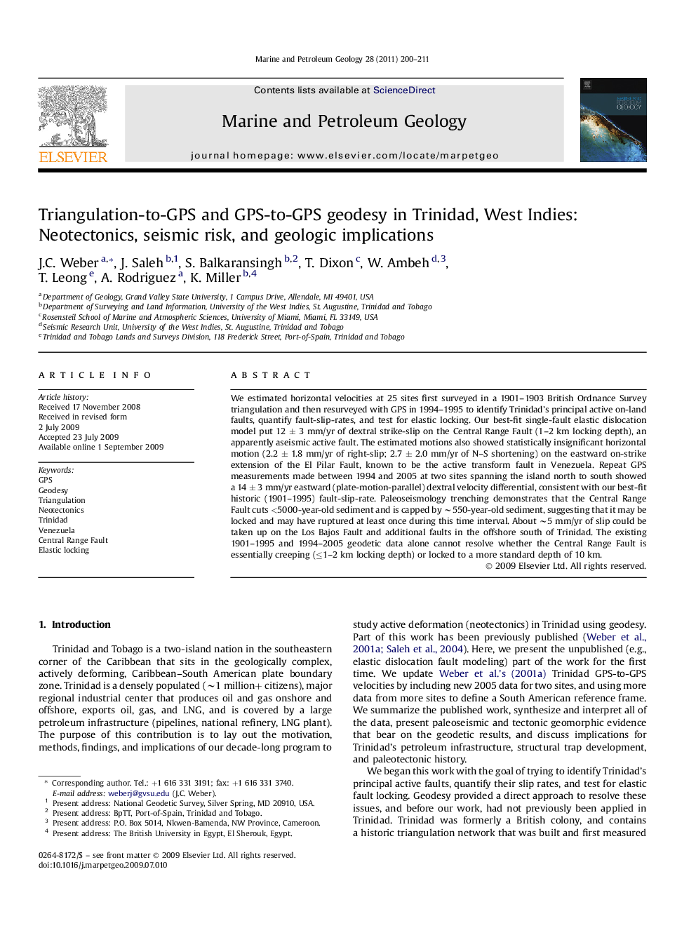 Triangulation-to-GPS and GPS-to-GPS geodesy in Trinidad, West Indies: Neotectonics, seismic risk, and geologic implications