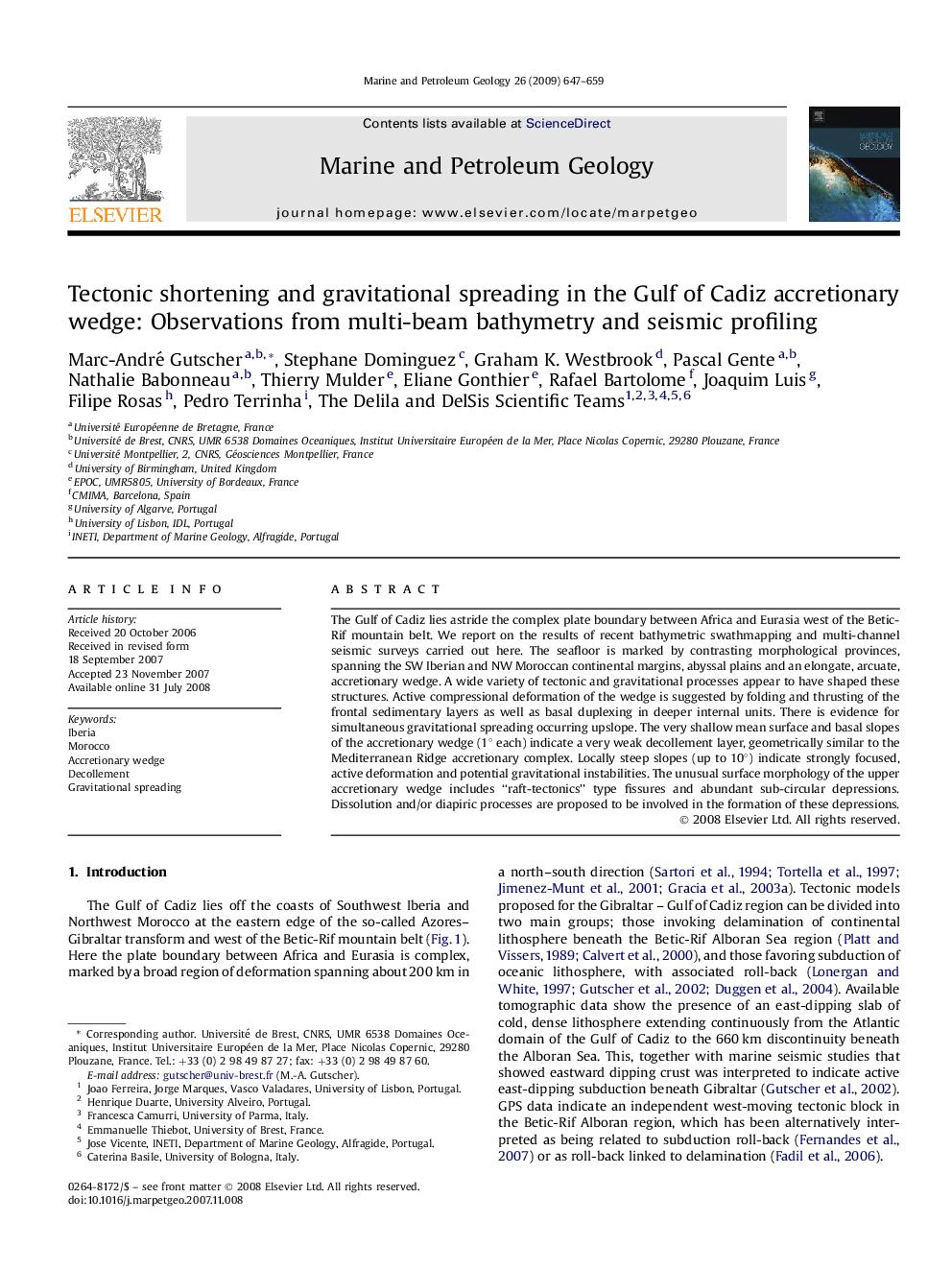 Tectonic shortening and gravitational spreading in the Gulf of Cadiz accretionary wedge: Observations from multi-beam bathymetry and seismic profiling