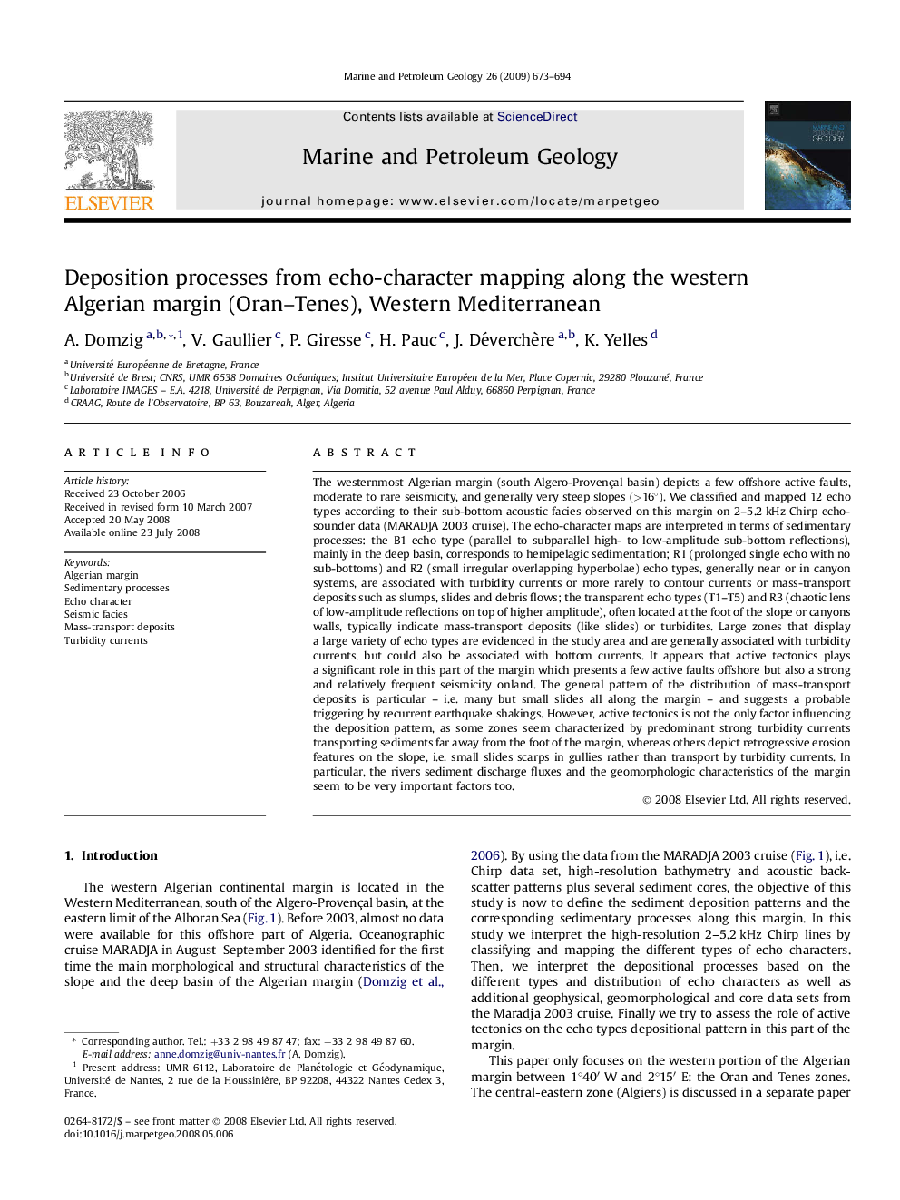 Deposition processes from echo-character mapping along the western Algerian margin (Oran–Tenes), Western Mediterranean