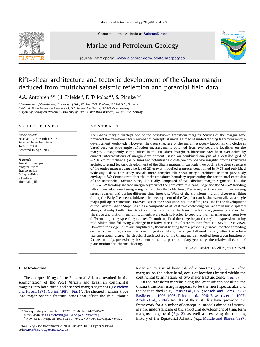 Rift–shear architecture and tectonic development of the Ghana margin deduced from multichannel seismic reflection and potential field data