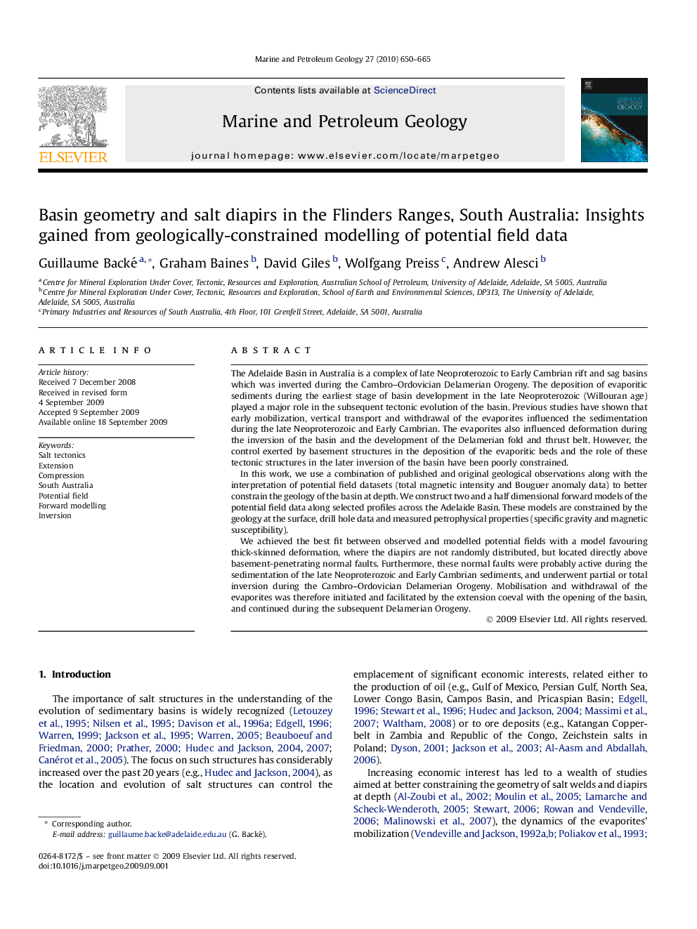 Basin geometry and salt diapirs in the Flinders Ranges, South Australia: Insights gained from geologically-constrained modelling of potential field data