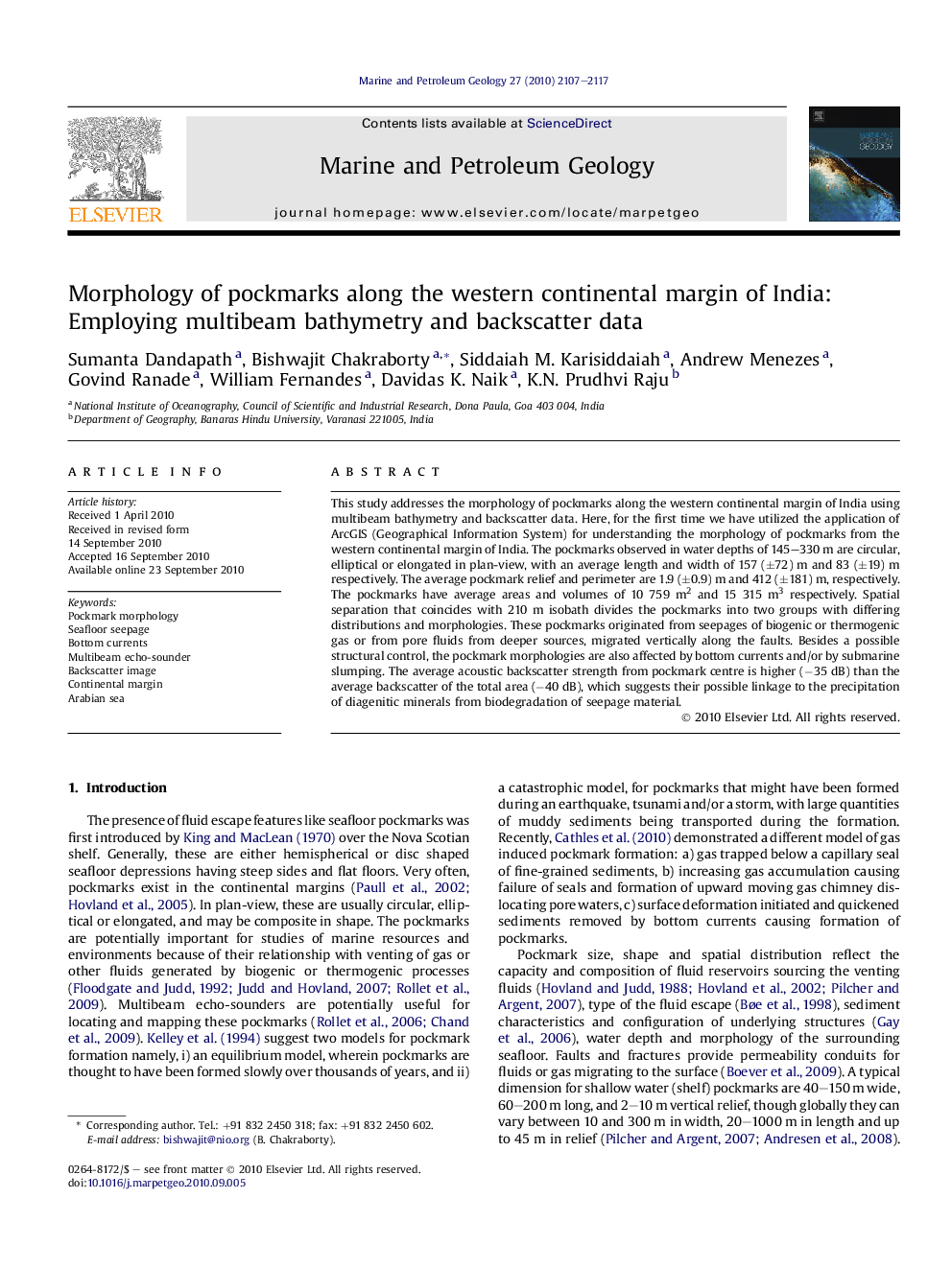 Morphology of pockmarks along the western continental margin of India: Employing multibeam bathymetry and backscatter data