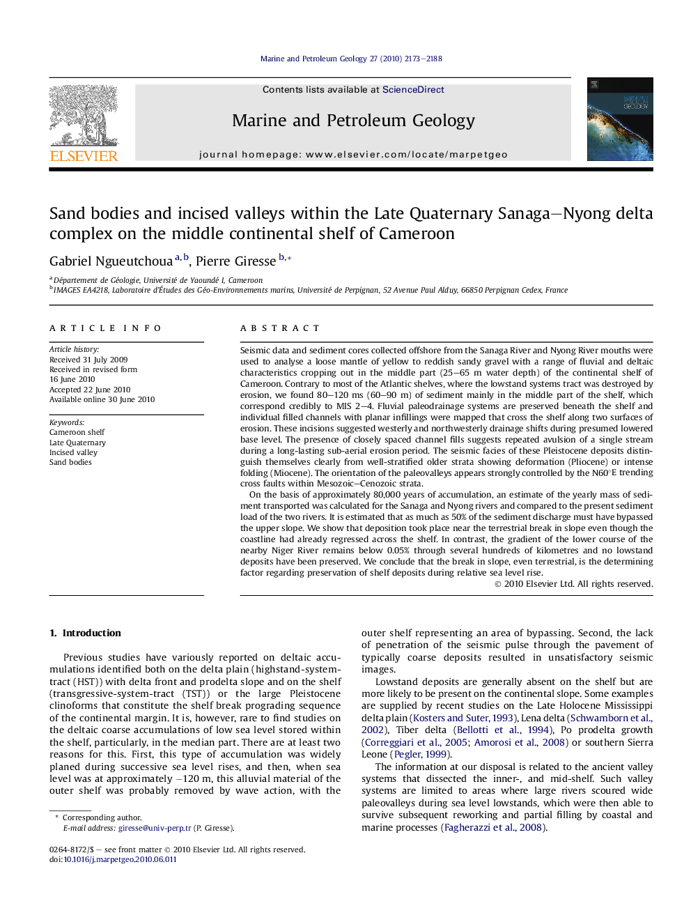 Sand bodies and incised valleys within the Late Quaternary Sanaga–Nyong delta complex on the middle continental shelf of Cameroon