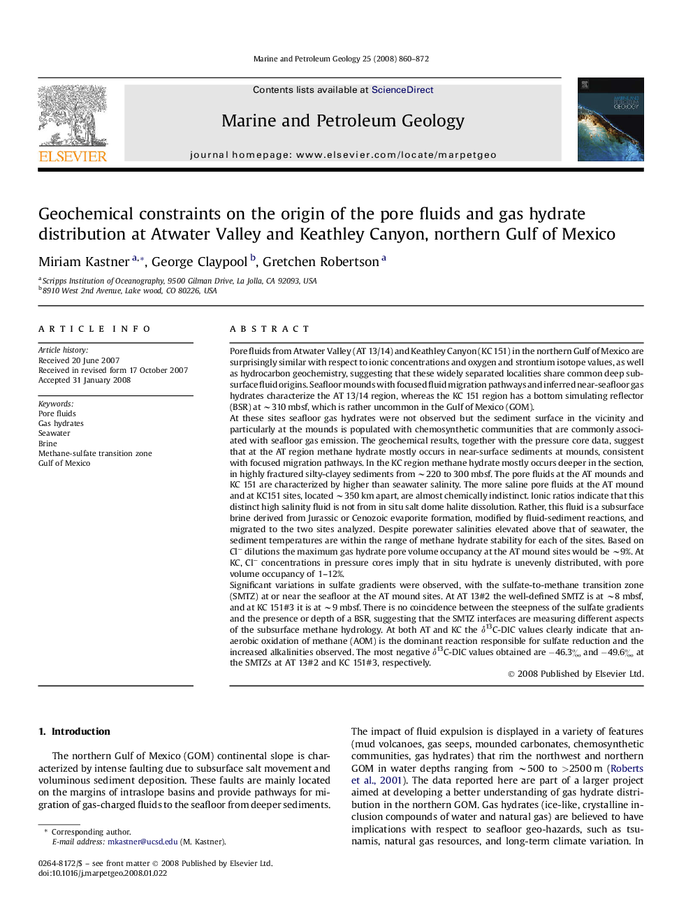 Geochemical constraints on the origin of the pore fluids and gas hydrate distribution at Atwater Valley and Keathley Canyon, northern Gulf of Mexico