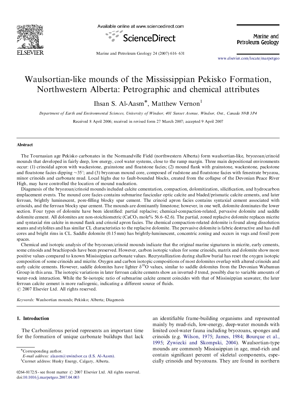 Waulsortian-like mounds of the Mississippian Pekisko Formation, Northwestern Alberta: Petrographic and chemical attributes