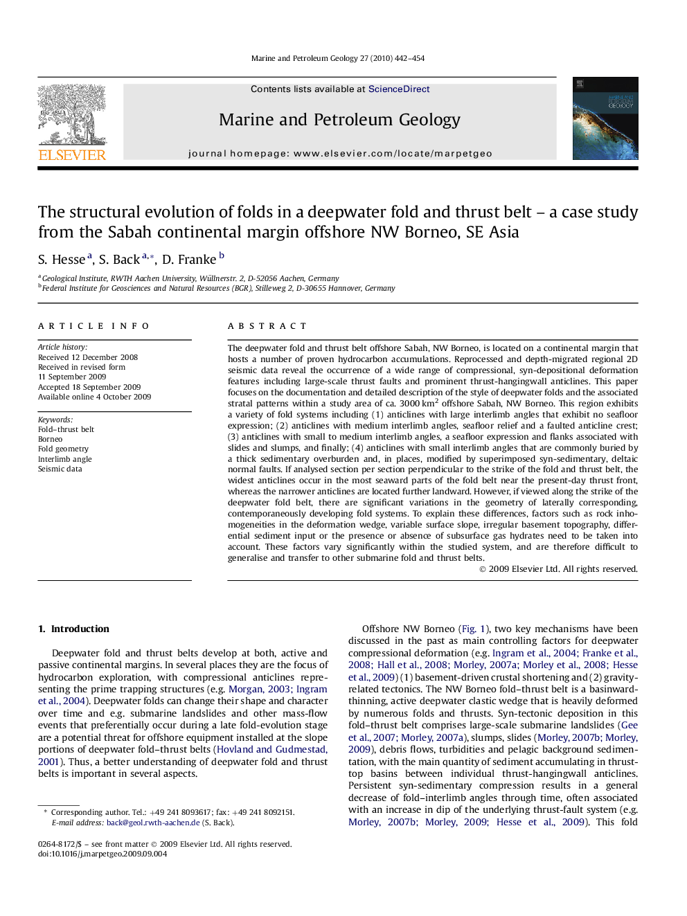 The structural evolution of folds in a deepwater fold and thrust belt – a case study from the Sabah continental margin offshore NW Borneo, SE Asia