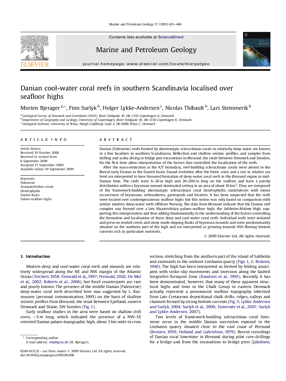 Danian cool-water coral reefs in southern Scandinavia localised over seafloor highs