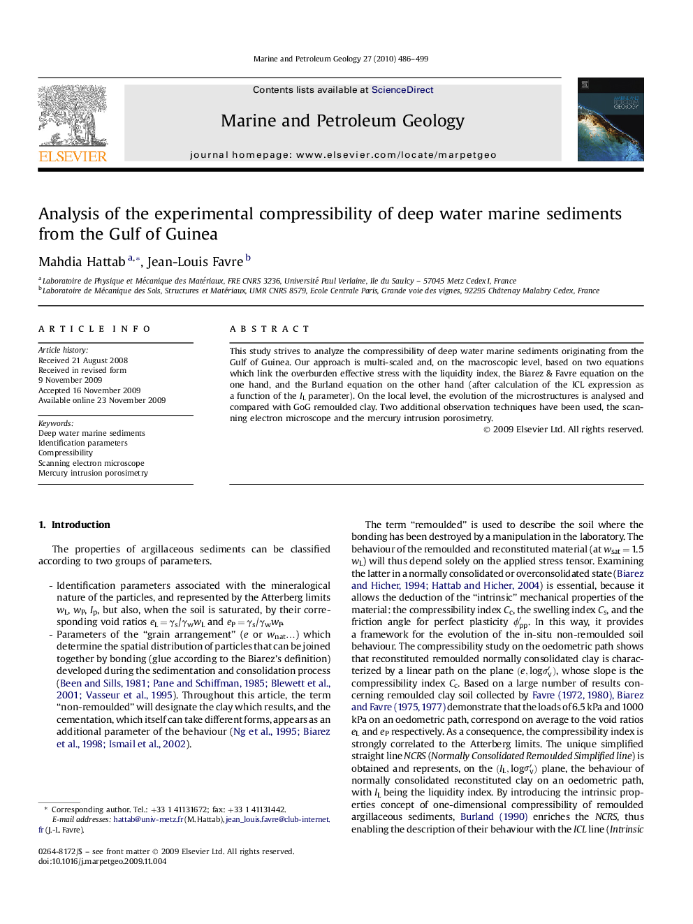 Analysis of the experimental compressibility of deep water marine sediments from the Gulf of Guinea