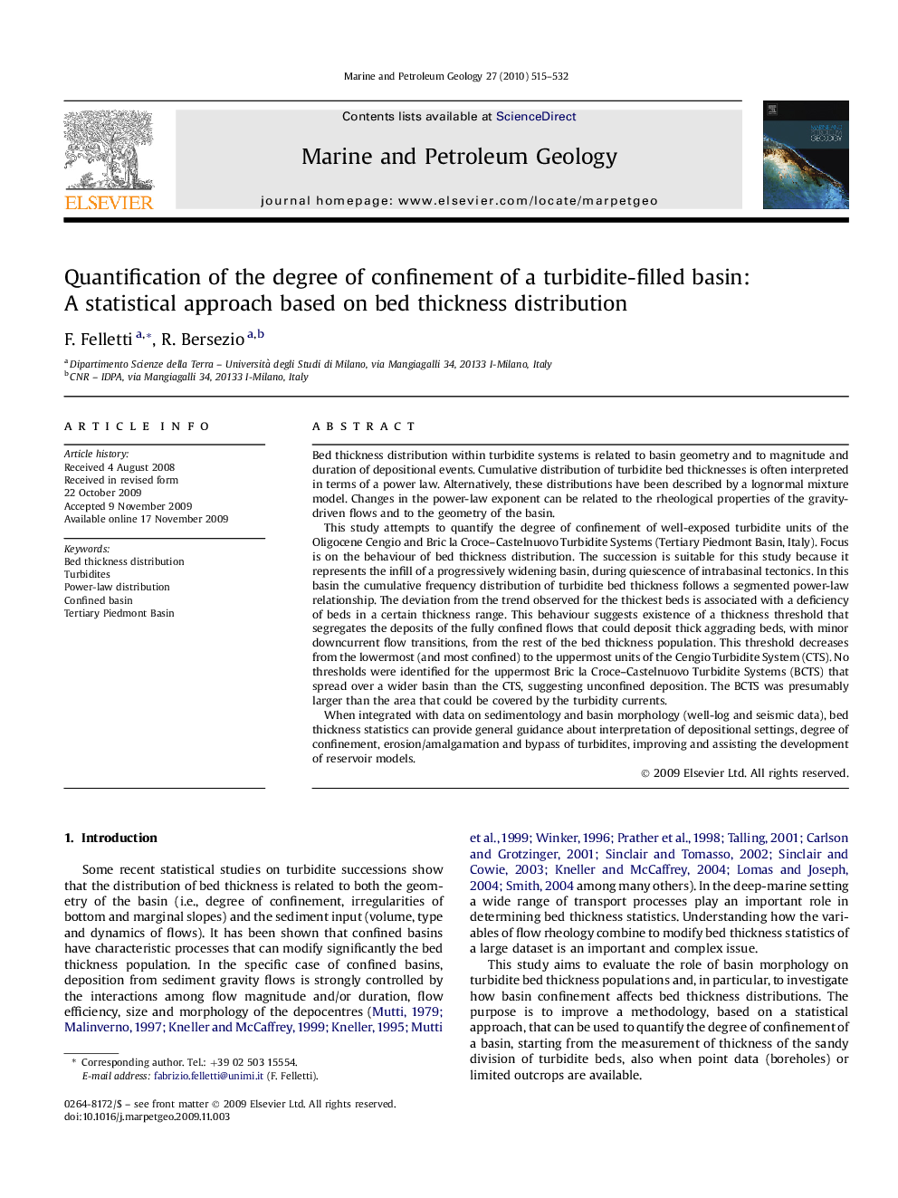 Quantification of the degree of confinement of a turbidite-filled basin: A statistical approach based on bed thickness distribution