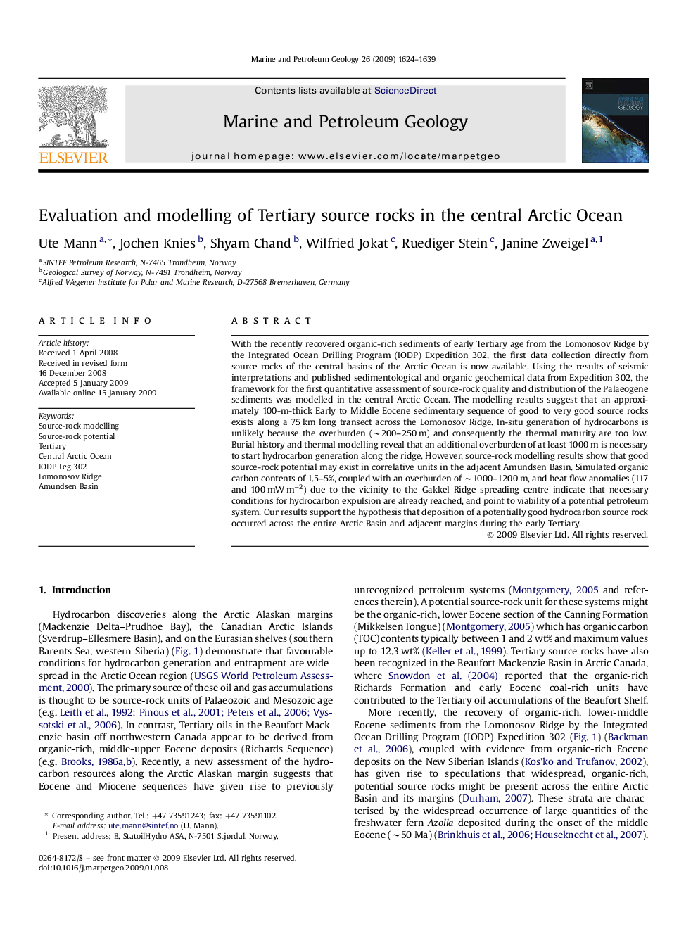 Evaluation and modelling of Tertiary source rocks in the central Arctic Ocean