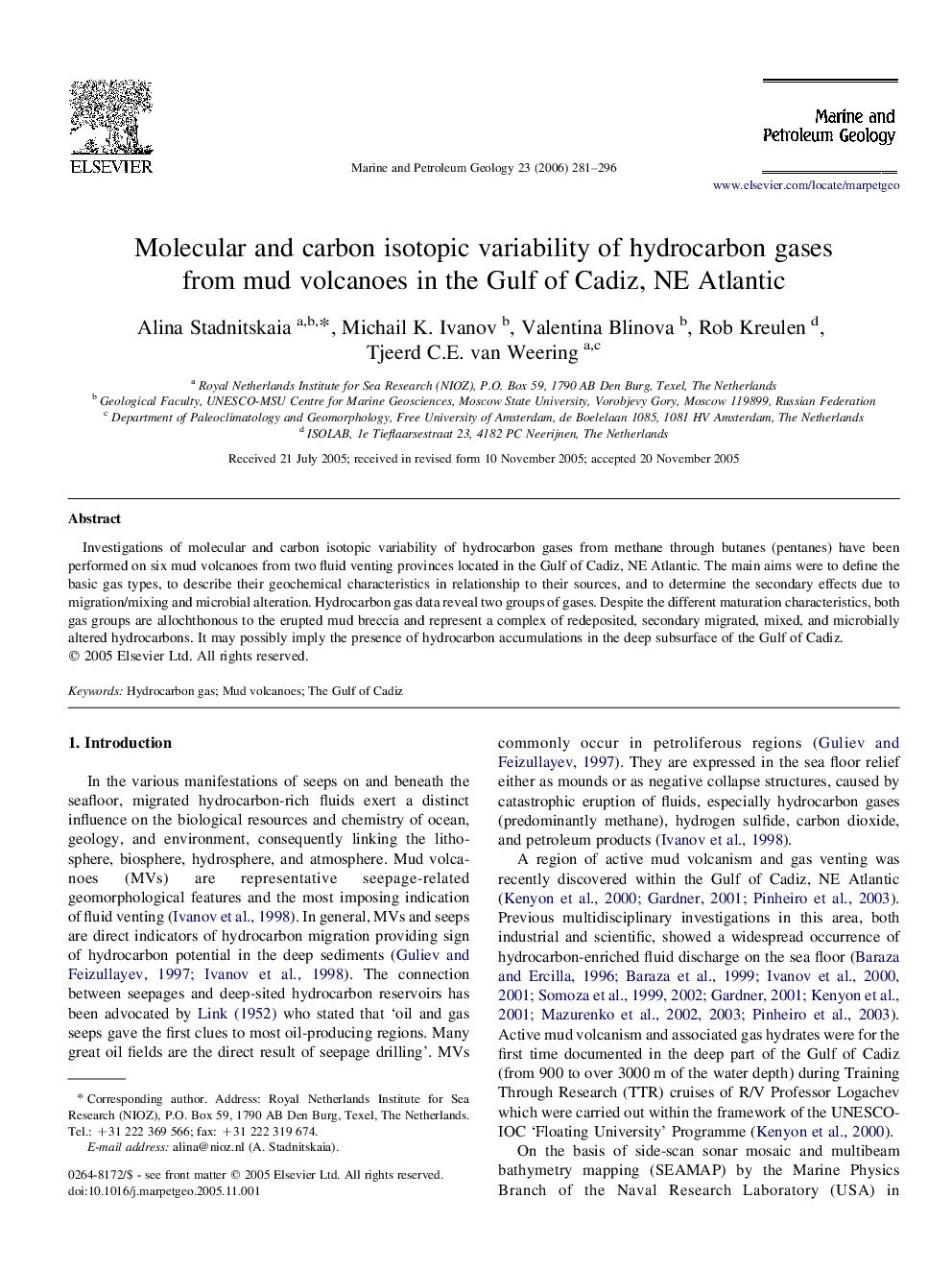 Molecular and carbon isotopic variability of hydrocarbon gases from mud volcanoes in the Gulf of Cadiz, NE Atlantic