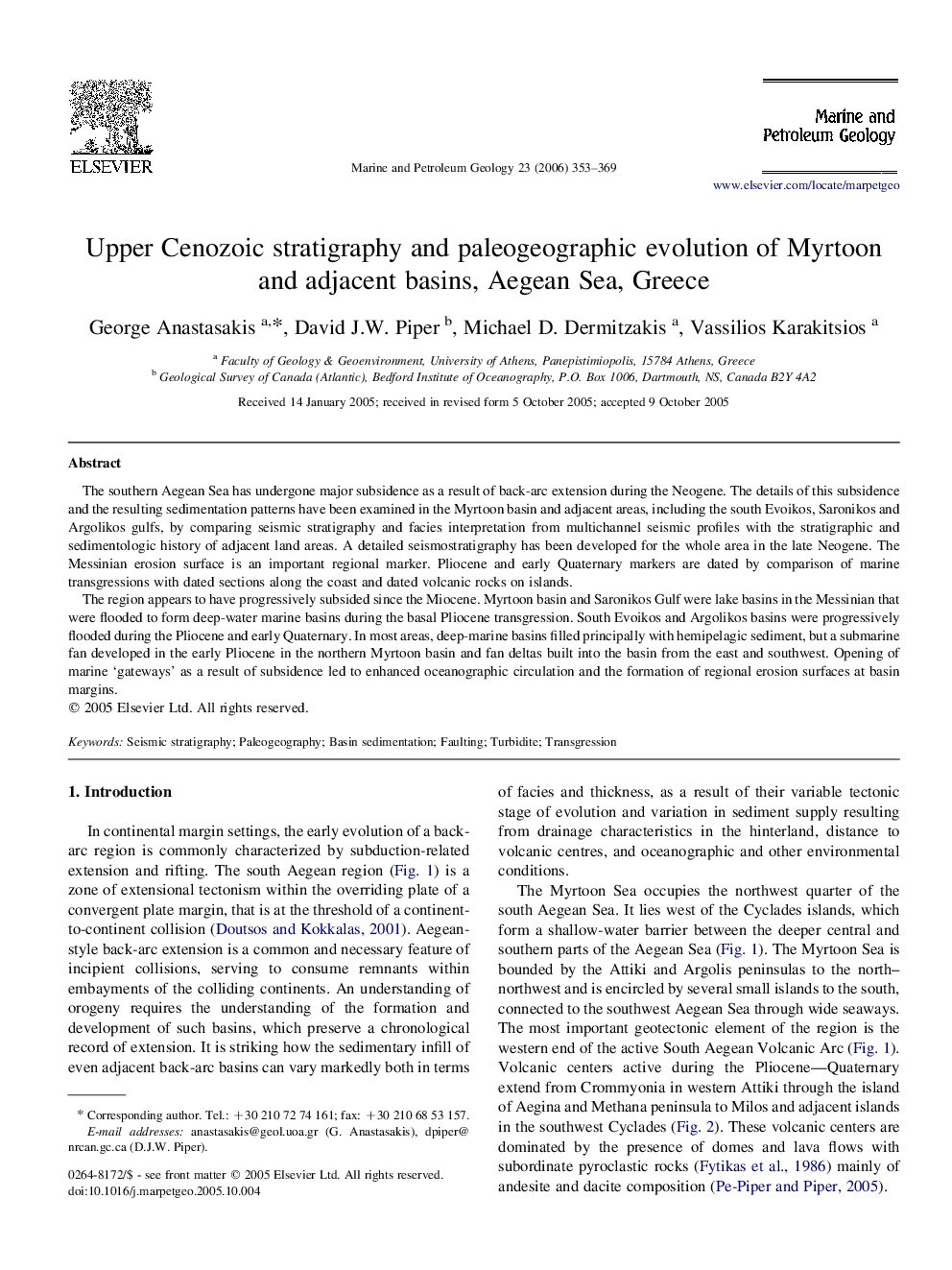 Upper Cenozoic stratigraphy and paleogeographic evolution of Myrtoon and adjacent basins, Aegean Sea, Greece