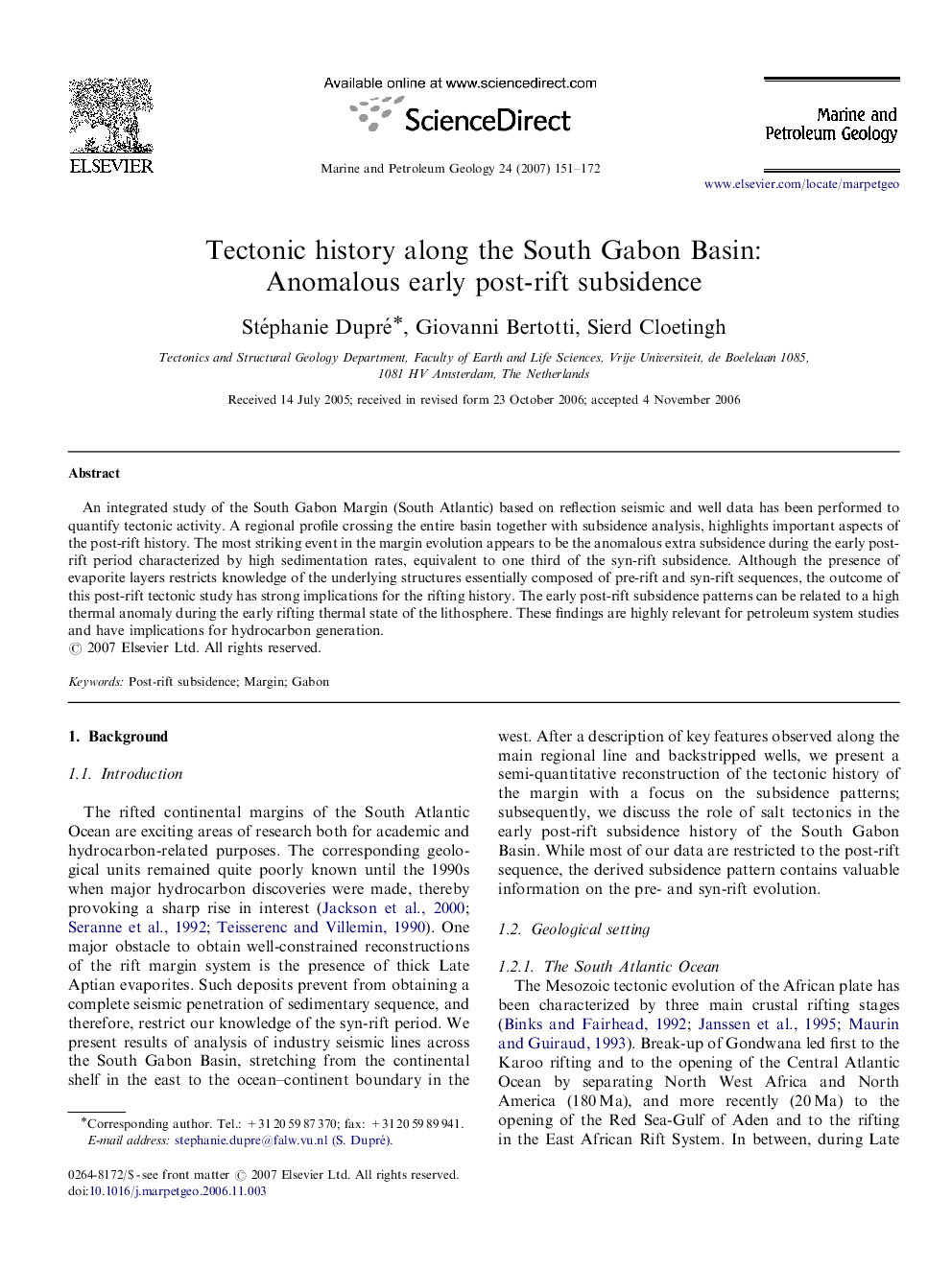 Tectonic history along the South Gabon Basin: Anomalous early post-rift subsidence