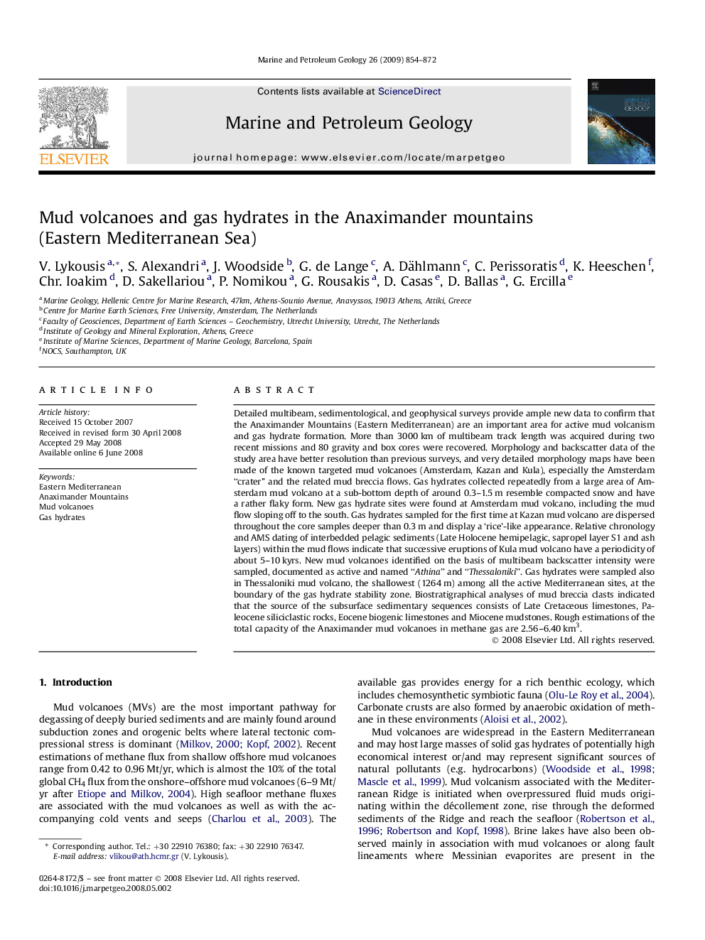 Mud volcanoes and gas hydrates in the Anaximander mountains (Eastern Mediterranean Sea)