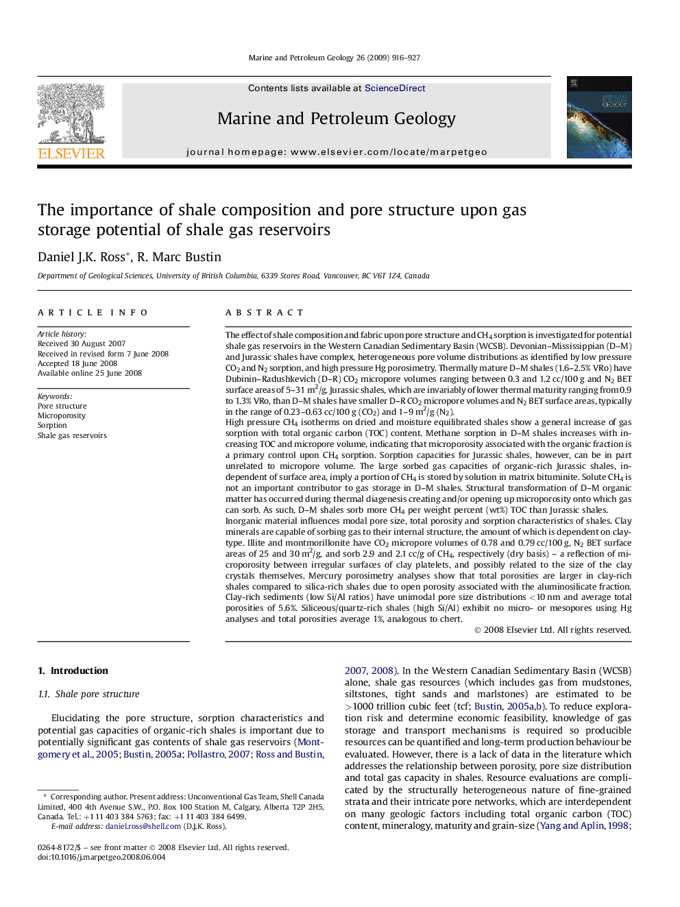 The importance of shale composition and pore structure upon gas storage potential of shale gas reservoirs