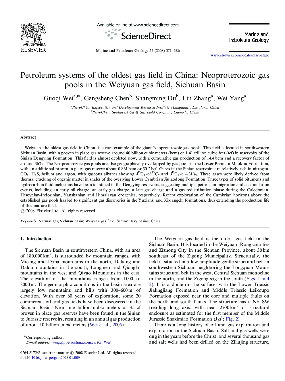 Petroleum systems of the oldest gas field in China: Neoproterozoic gas pools in the Weiyuan gas field, Sichuan Basin
