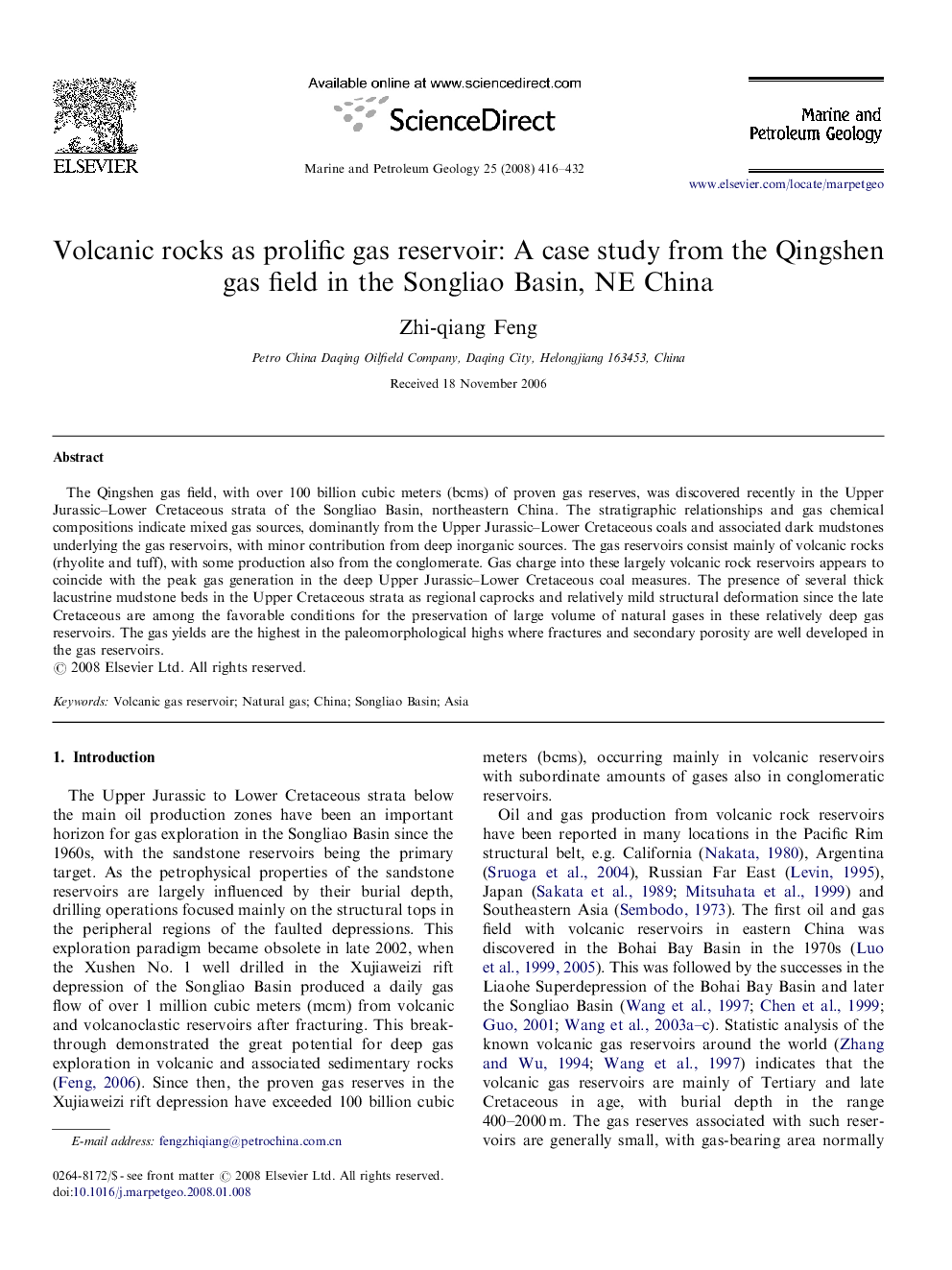 عکس صفحه اول مقاله: Volcanic rocks as prolific gas reservoir: A case study from the Qingshen gas field in the Songliao Basin, NE China Volcanic rocks as prolific gas reservoir: A case study from the Qingshen gas field in the Songliao Basin, NE China