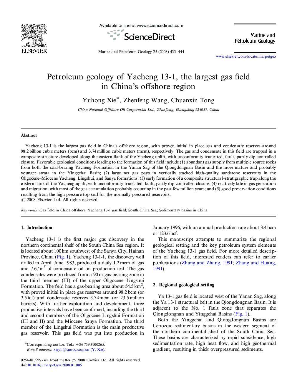 Petroleum geology of Yacheng 13-1, the largest gas field in China's offshore region