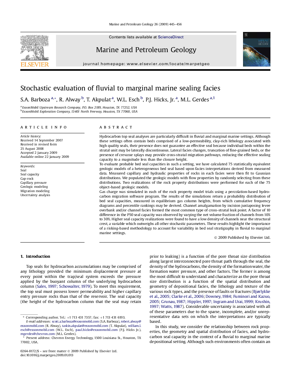 Stochastic evaluation of fluvial to marginal marine sealing facies