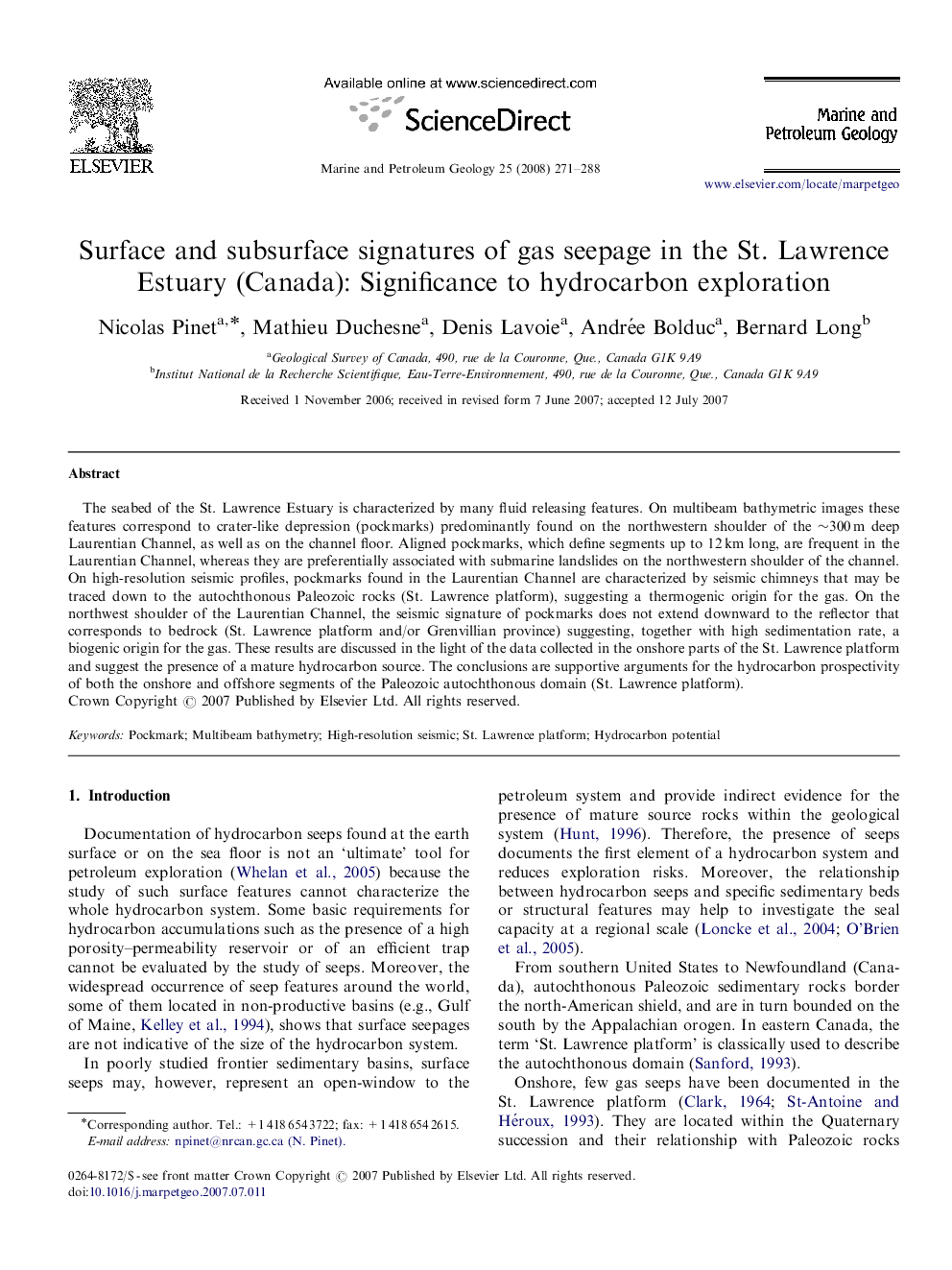 Surface and subsurface signatures of gas seepage in the St. Lawrence Estuary (Canada): Significance to hydrocarbon exploration