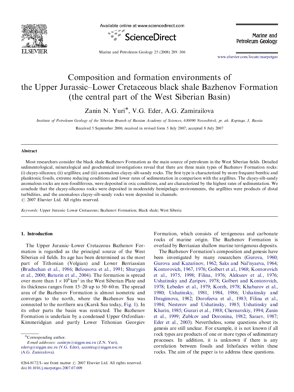 Composition and formation environments of the Upper Jurassic–Lower Cretaceous black shale Bazhenov Formation (the central part of the West Siberian Basin)