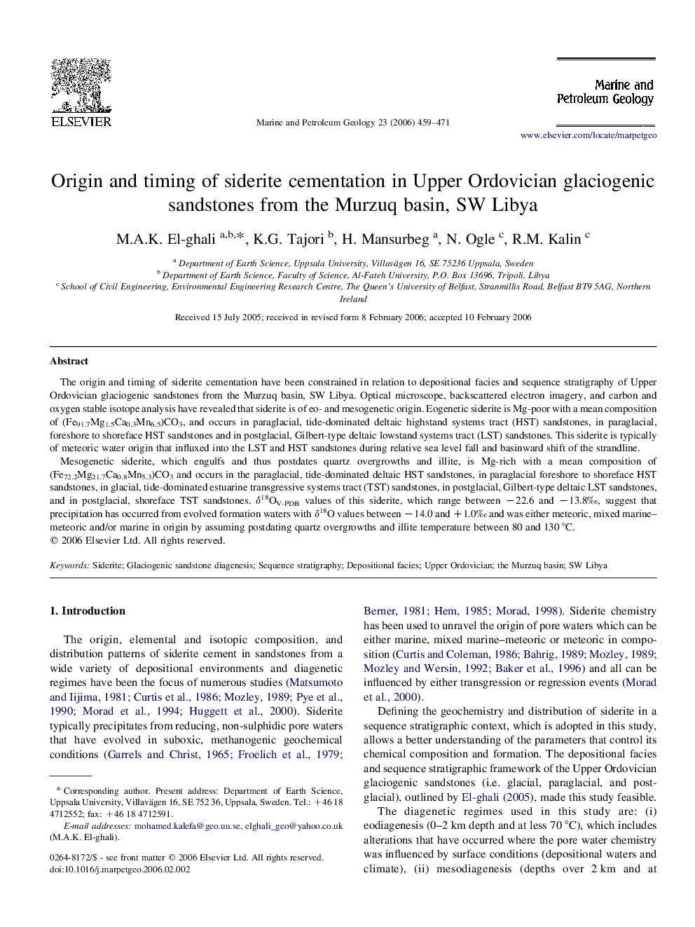 Origin and timing of siderite cementation in Upper Ordovician glaciogenic sandstones from the Murzuq basin, SW Libya