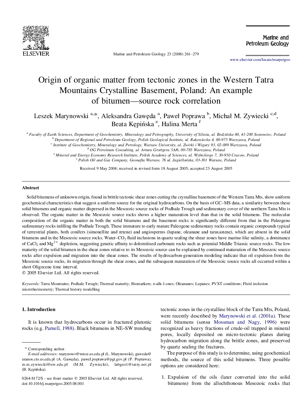 Origin of organic matter from tectonic zones in the Western Tatra Mountains Crystalline Basement, Poland: An example of bitumen—source rock correlation