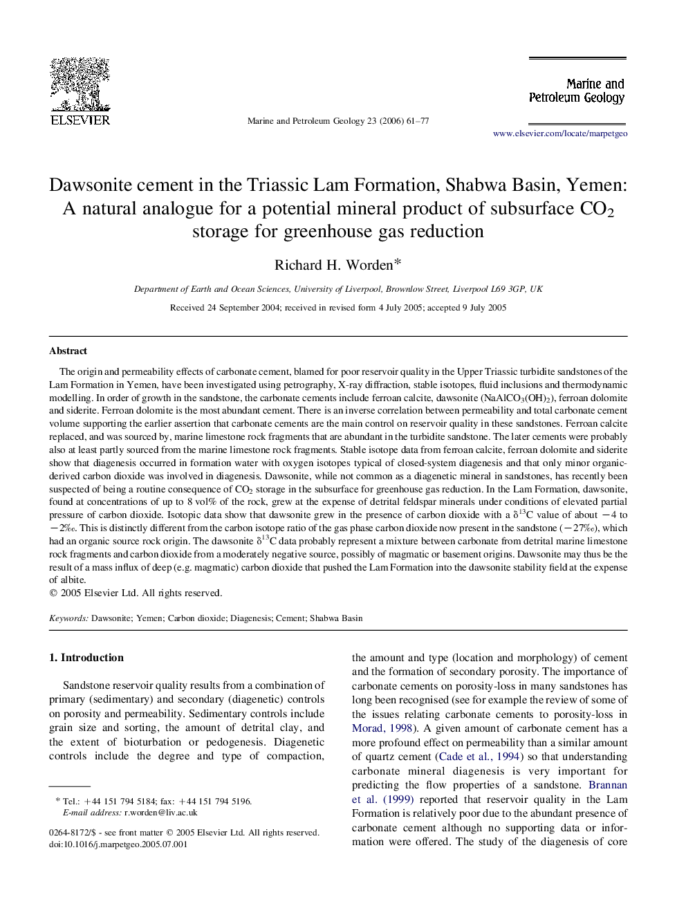 Dawsonite cement in the Triassic Lam Formation, Shabwa Basin, Yemen: A natural analogue for a potential mineral product of subsurface CO2 storage for greenhouse gas reduction