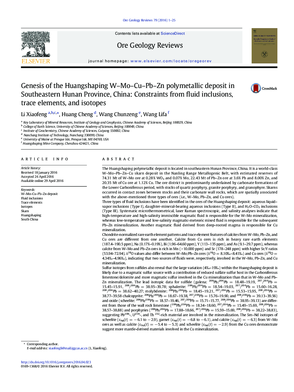 Genesis of the Huangshaping W–Mo–Cu–Pb–Zn polymetallic deposit in Southeastern Hunan Province, China: Constraints from fluid inclusions, trace elements, and isotopes