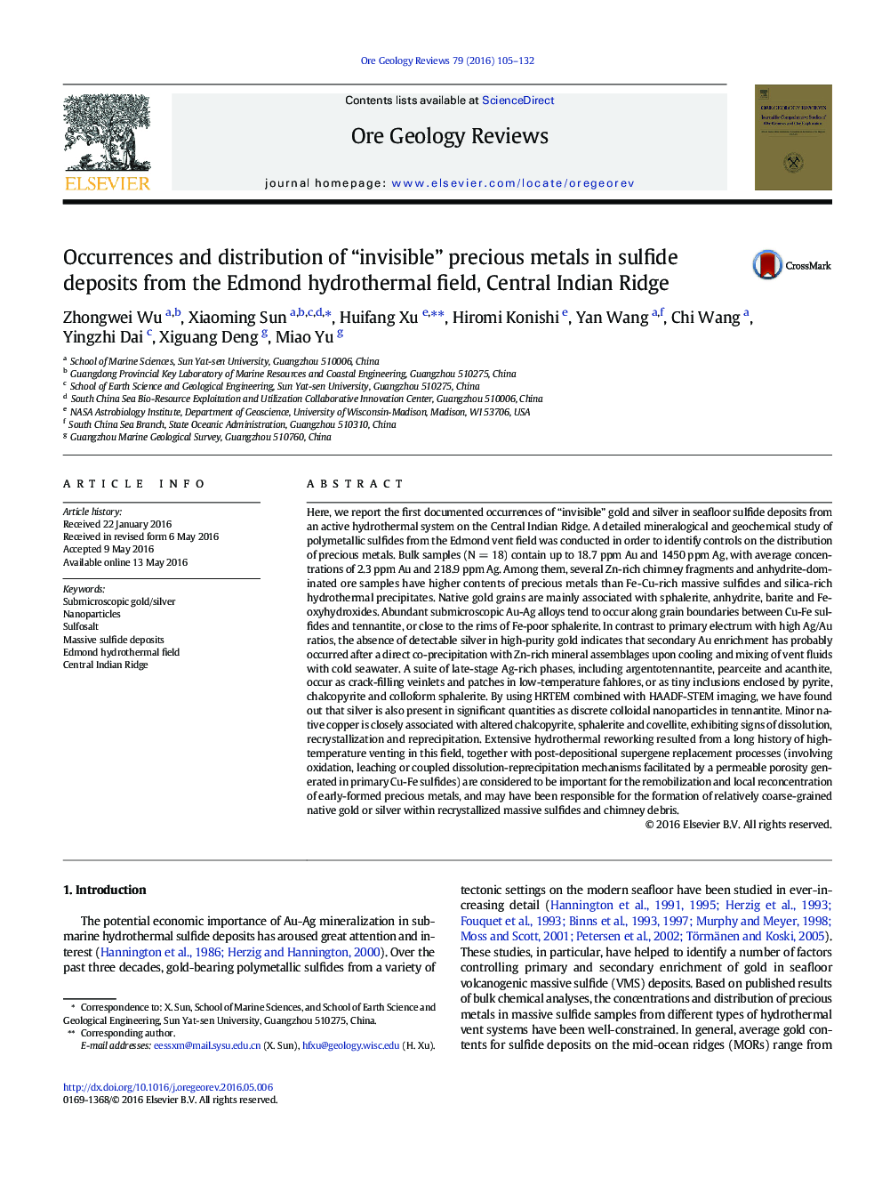 Occurrences and distribution of “invisible” precious metals in sulfide deposits from the Edmond hydrothermal field, Central Indian Ridge