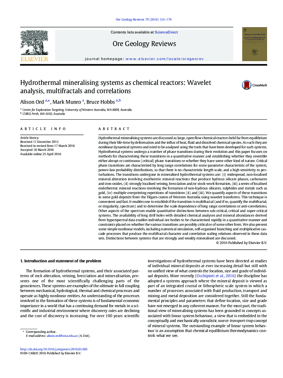 Hydrothermal mineralising systems as chemical reactors: Wavelet analysis, multifractals and correlations