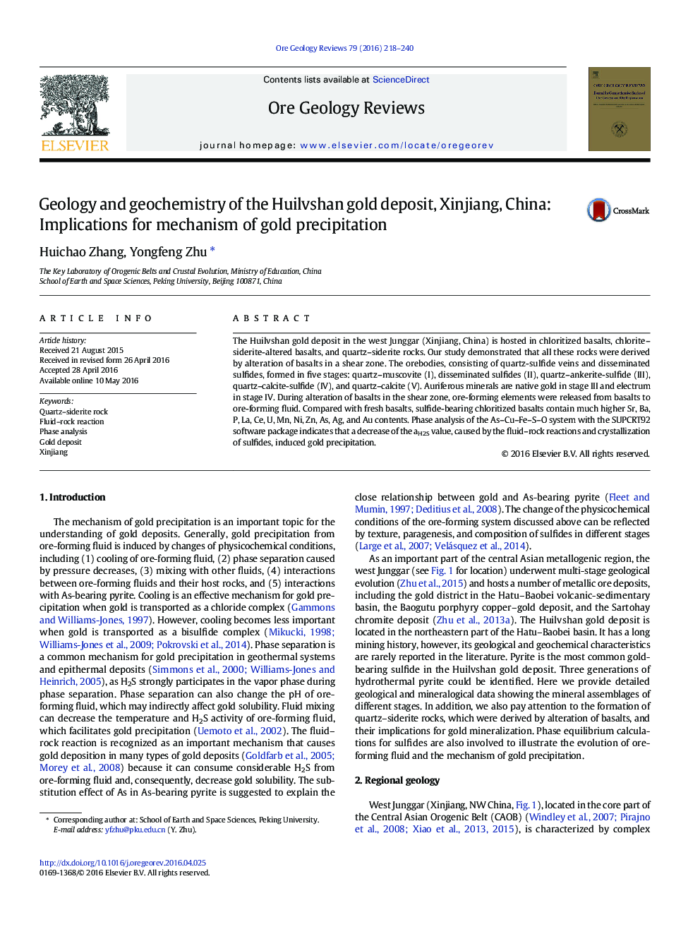 Geology and geochemistry of the Huilvshan gold deposit, Xinjiang, China: Implications for mechanism of gold precipitation