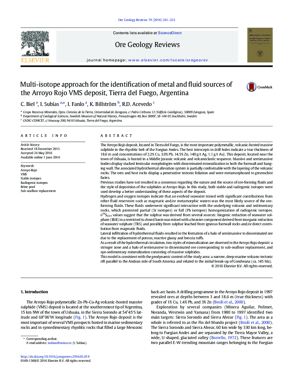 Multi-isotope approach for the identification of metal and fluid sources of the Arroyo Rojo VMS deposit, Tierra del Fuego, Argentina