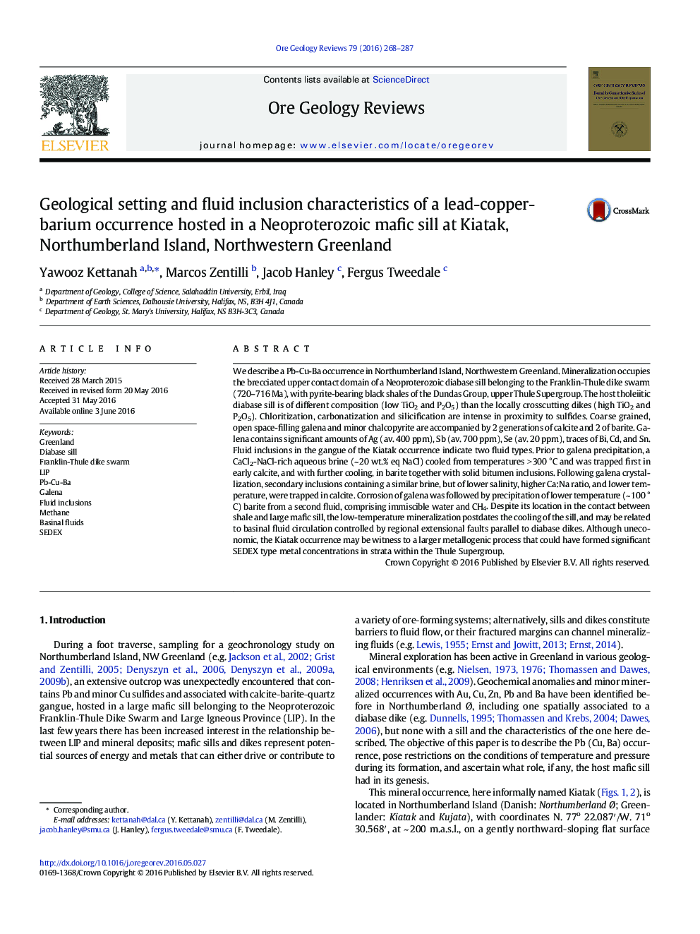 Geological setting and fluid inclusion characteristics of a lead-copper-barium occurrence hosted in a Neoproterozoic mafic sill at Kiatak, Northumberland Island, Northwestern Greenland