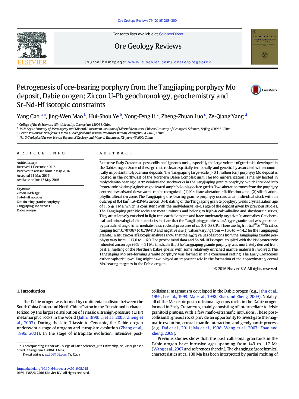 Petrogenesis of ore-bearing porphyry from the Tangjiaping porphyry Mo deposit, Dabie orogen: Zircon U-Pb geochronology, geochemistry and Sr-Nd-Hf isotopic constraints