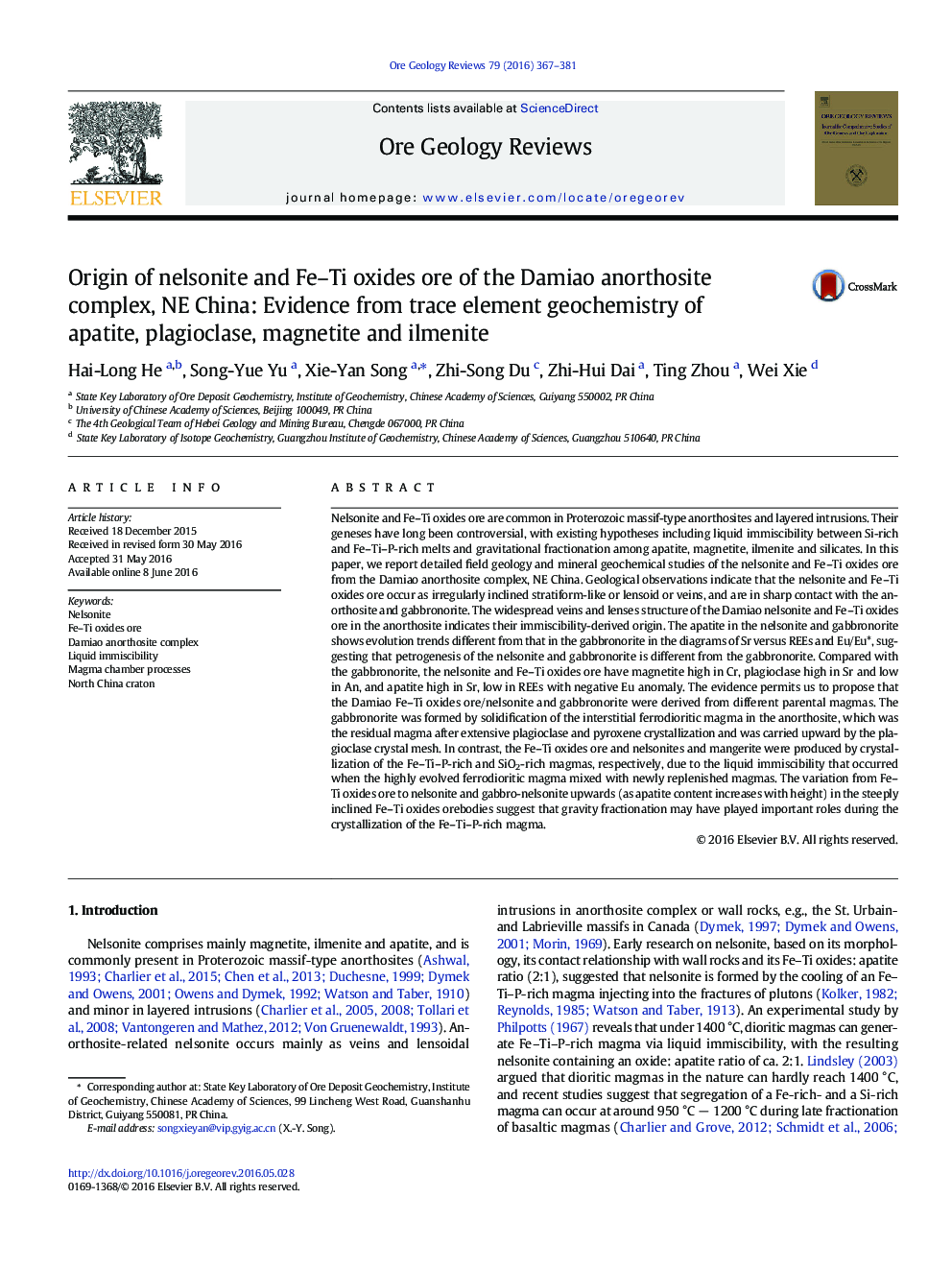 Origin of nelsonite and Fe–Ti oxides ore of the Damiao anorthosite complex, NE China: Evidence from trace element geochemistry of apatite, plagioclase, magnetite and ilmenite