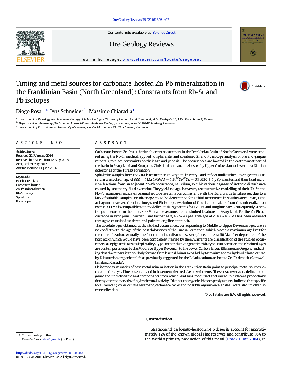 Timing and metal sources for carbonate-hosted Zn-Pb mineralization in the Franklinian Basin (North Greenland): Constraints from Rb-Sr and Pb isotopes