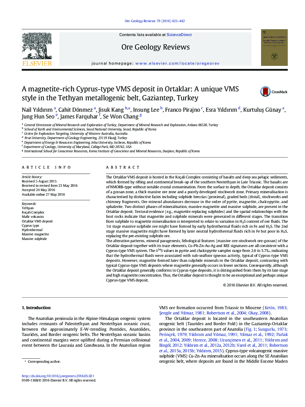 A magnetite-rich Cyprus-type VMS deposit in Ortaklar: A unique VMS style in the Tethyan metallogenic belt, Gaziantep, Turkey