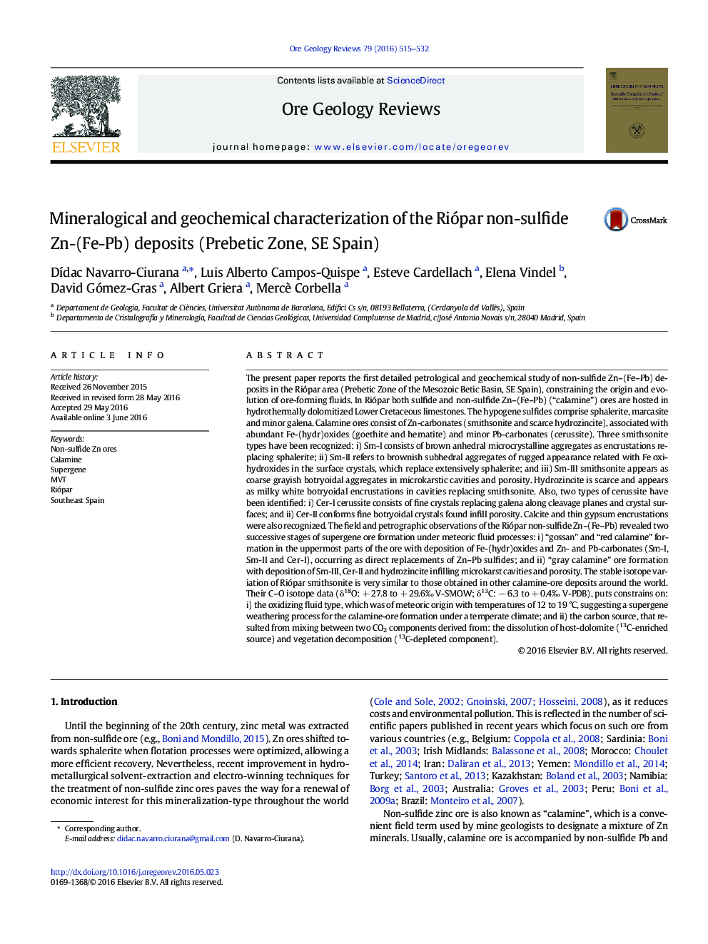 Mineralogical and geochemical characterization of the Riópar non-sulfide Zn-(Fe-Pb) deposits (Prebetic Zone, SE Spain)