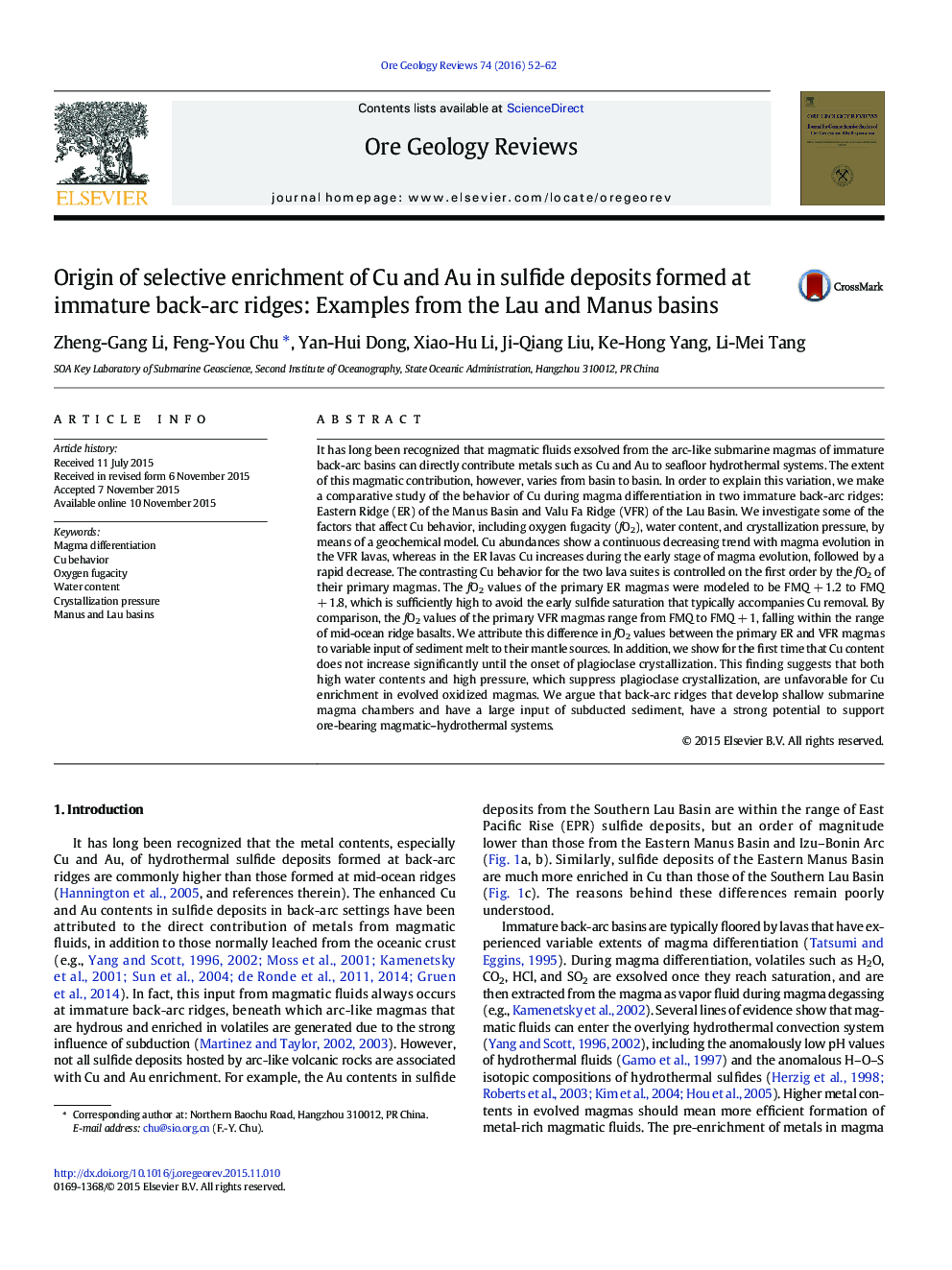 Origin of selective enrichment of Cu and Au in sulfide deposits formed at immature back-arc ridges: Examples from the Lau and Manus basins