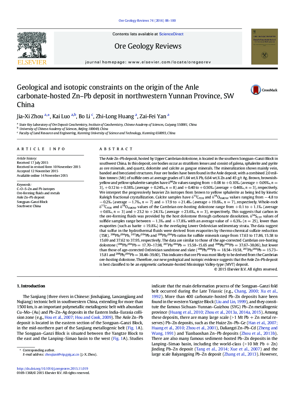 Geological and isotopic constraints on the origin of the Anle carbonate-hosted Zn–Pb deposit in northwestern Yunnan Province, SW China