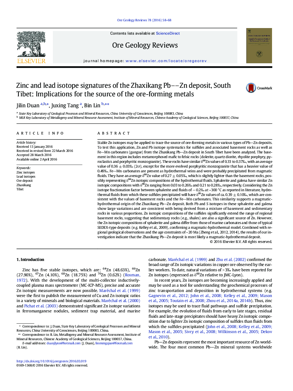 Zinc and lead isotope signatures of the Zhaxikang PbZn deposit, South Tibet: Implications for the source of the ore-forming metals