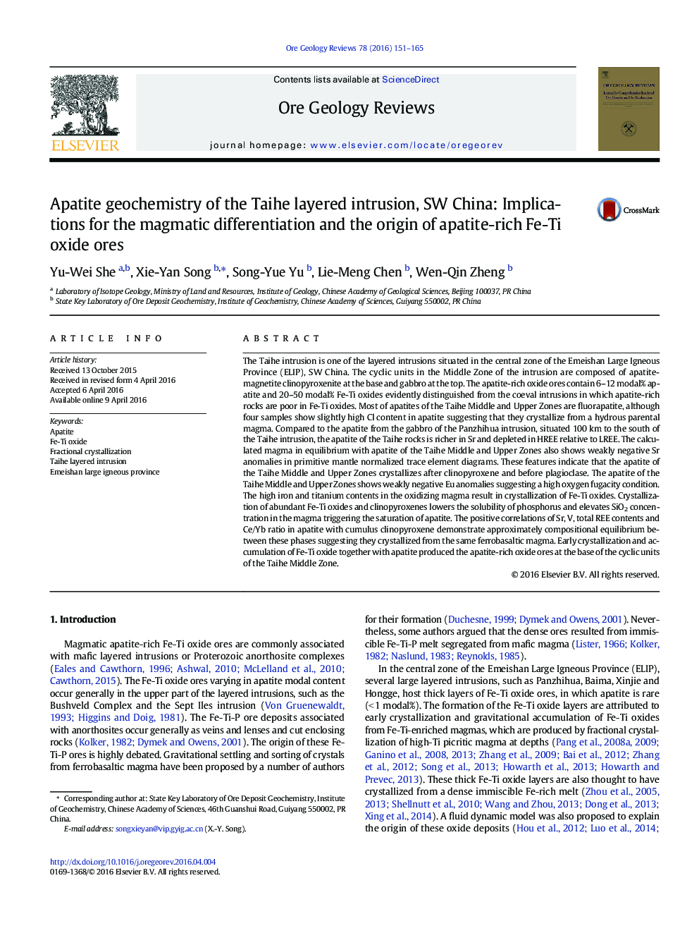 Apatite geochemistry of the Taihe layered intrusion, SW China: Implications for the magmatic differentiation and the origin of apatite-rich Fe-Ti oxide ores