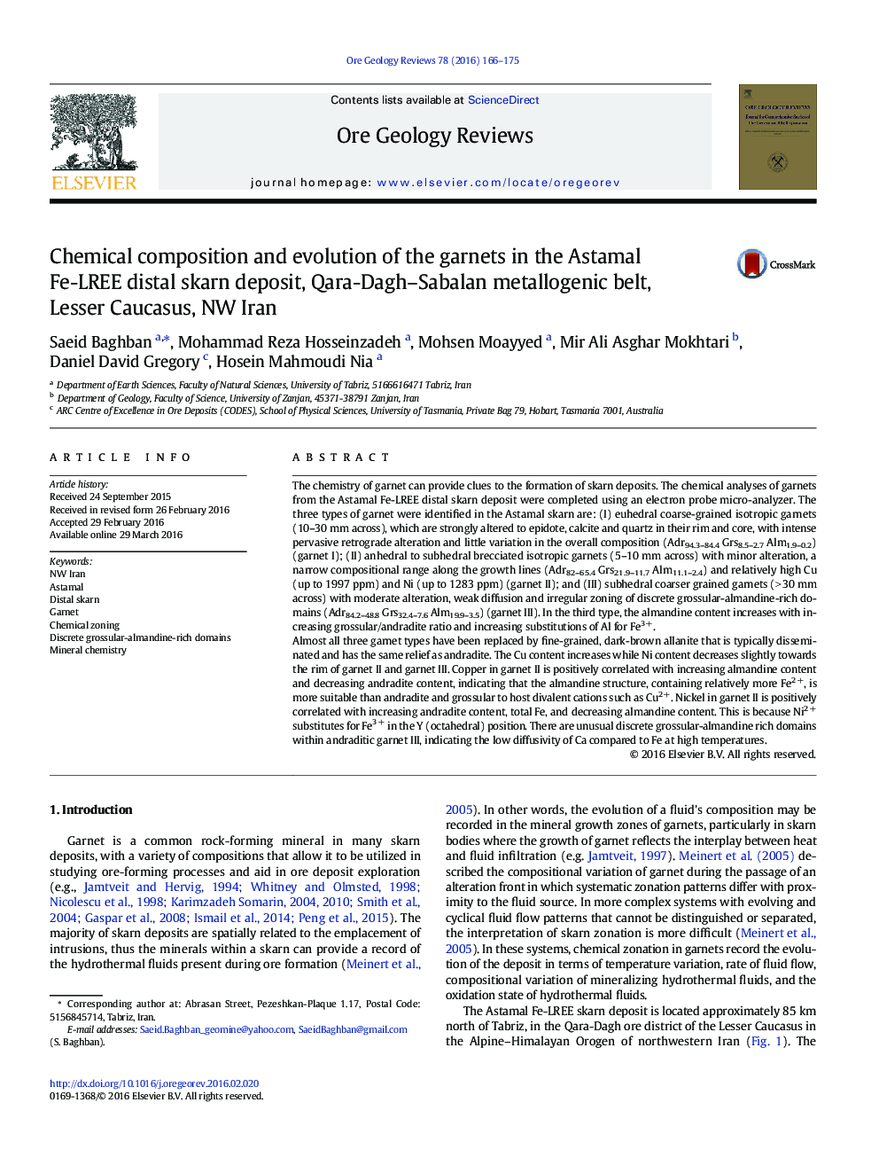 Chemical composition and evolution of the garnets in the Astamal Fe-LREE distal skarn deposit, Qara-Dagh–Sabalan metallogenic belt, Lesser Caucasus, NW Iran